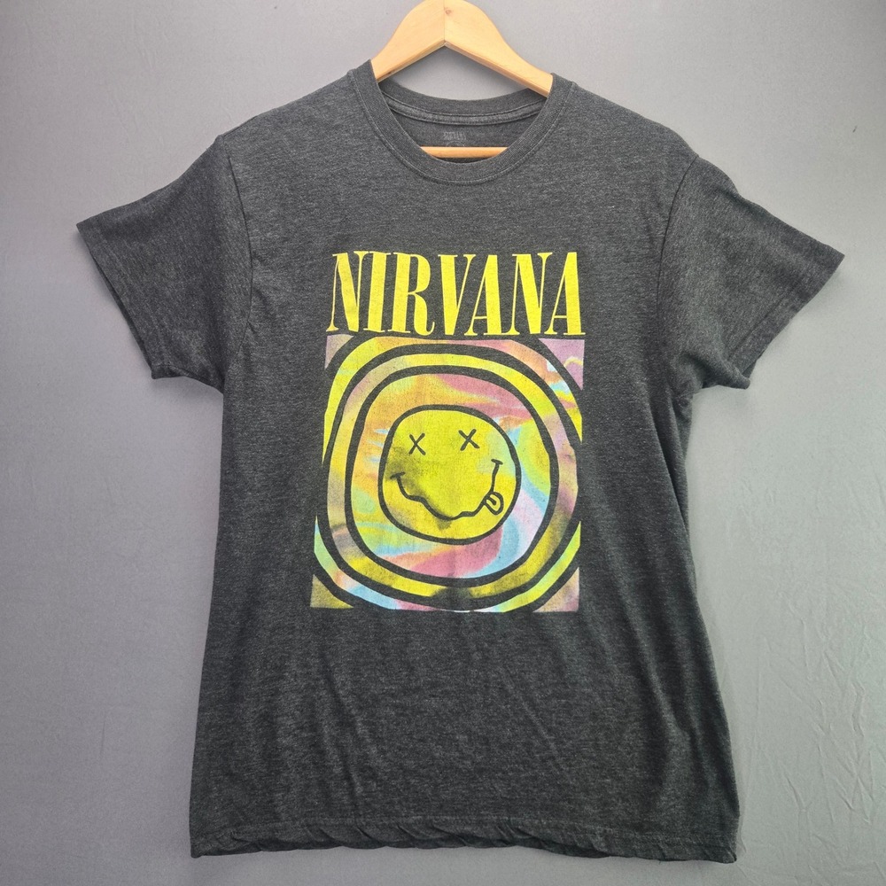 Nirvana T-Shirt Smiley Face Tie Dye Graphic Tee Small Gray Short Sleeve Band Top